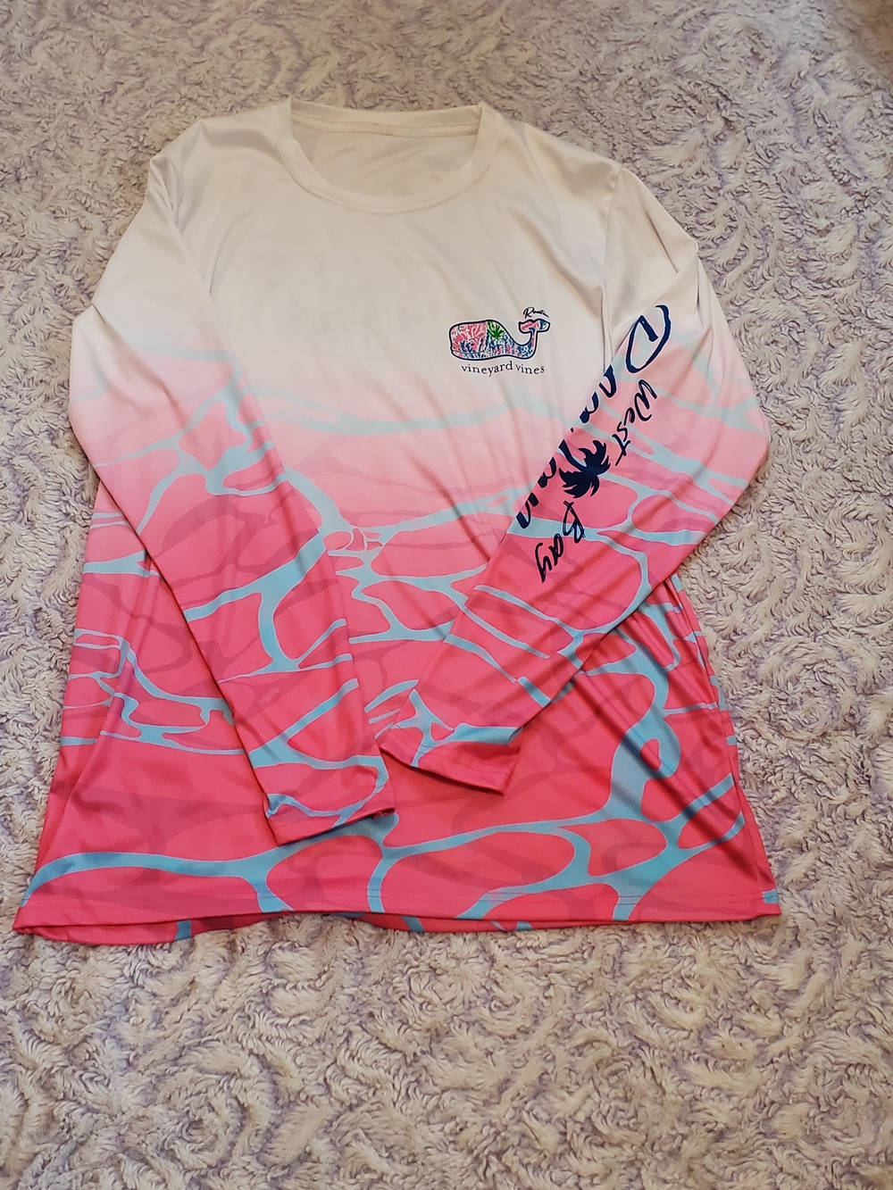 Vineyard Vines Pink Ombre Long-Sleeve Swim Shirt with Light Blue Pattern